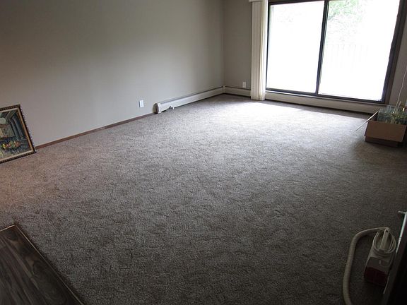 Living room with new carpet, view of the pool