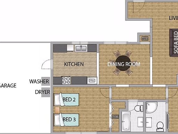 LAYOUT OF PROPERTY:
This is an overview of the property layout. The garage fits one car and includes a washer and dryer.