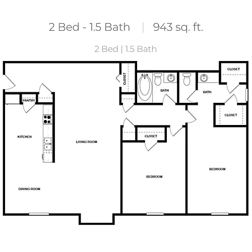Floor plan 2 bedroom One And Half Bath - Renovated