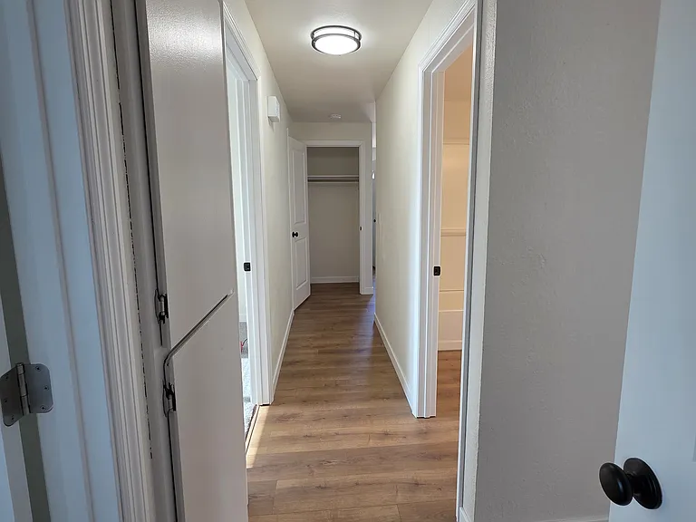 A view of the hall looking towards the living room and the coat closet.