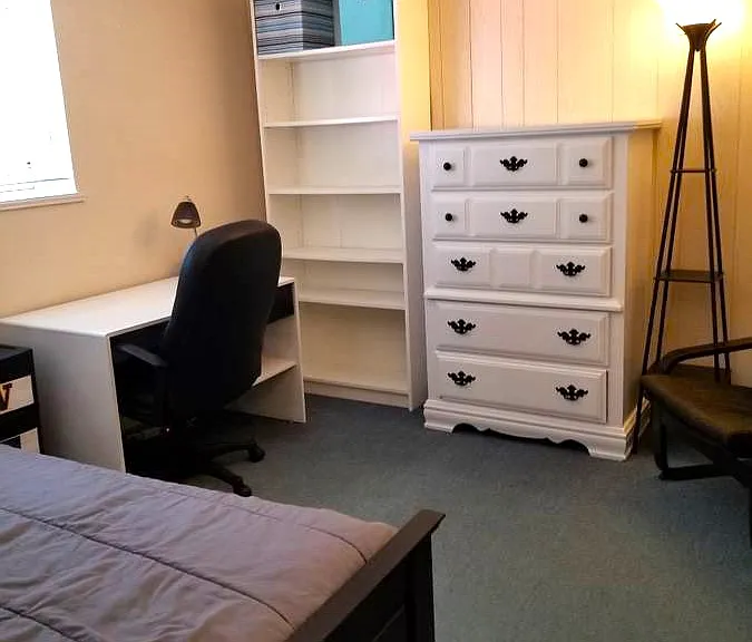 Ivory Room - Furnished - Desk, Desk Chair, Dresser, Bookcase, Lamps, nightstand.