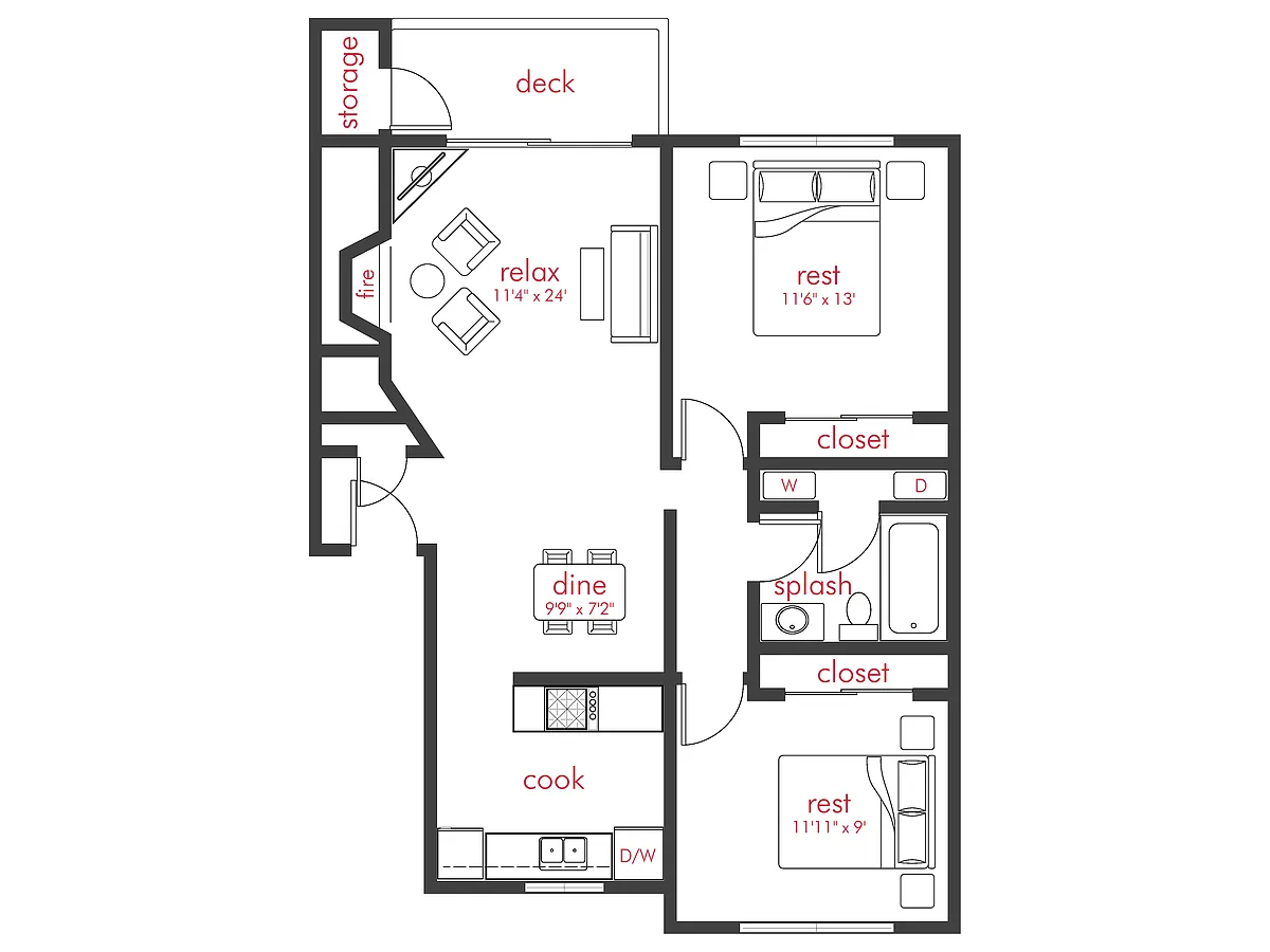 Floor plan 2 Bed, 1 Bath B