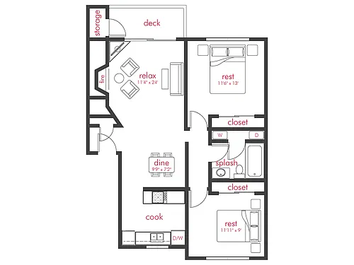 Floor plan 2 Bed, 1 Bath B