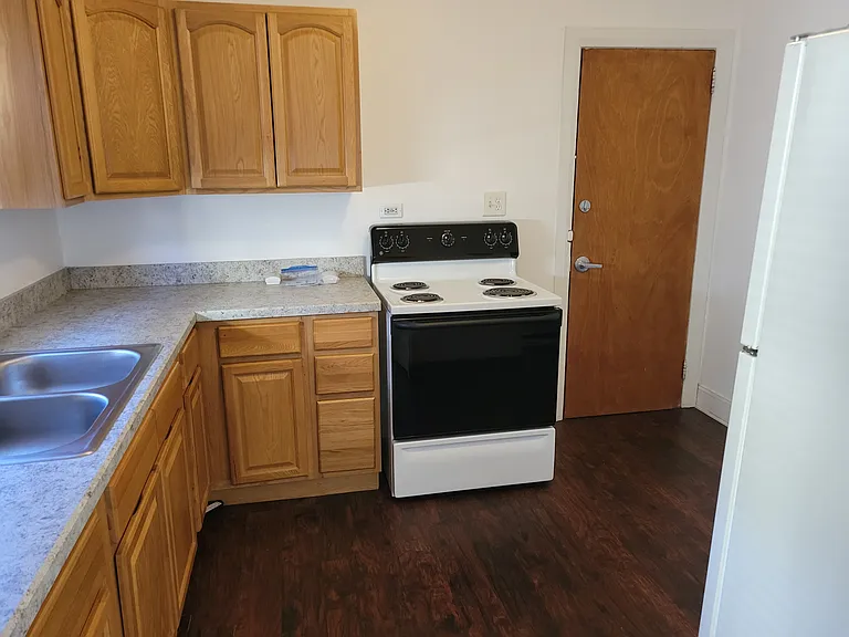 Kitchen and rear door leading to common hallway to basement and rear exterior door.