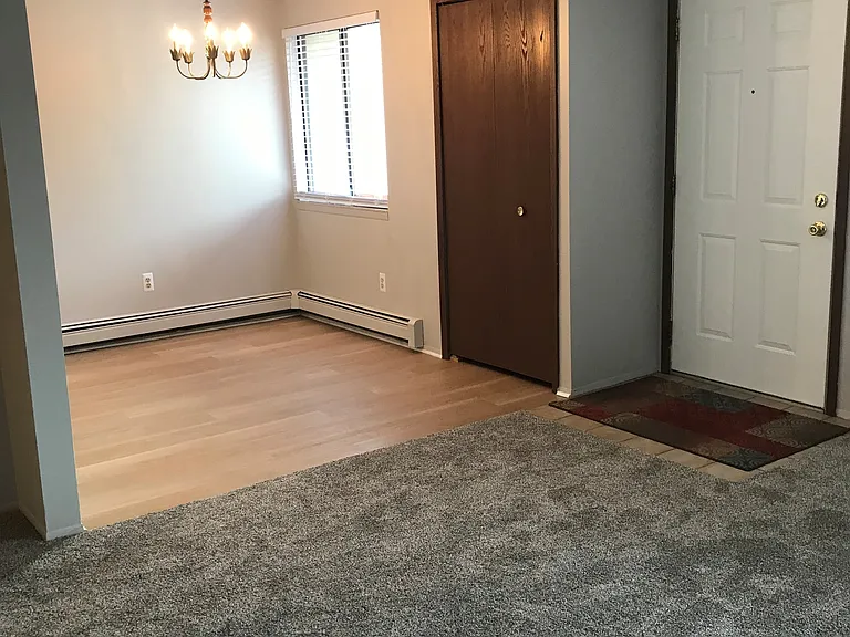 Front coat closet, new dining room flooring, new living room carpet.