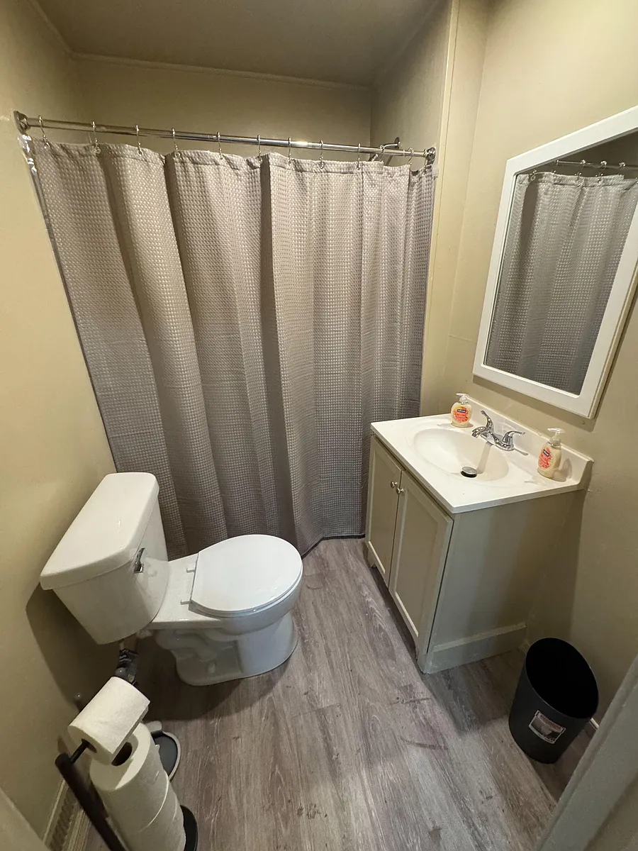 Full bathroom with tub/shower combo, vanity with sink, and wall mirror, plus durable flooring for easy upkeep. - S Denny St