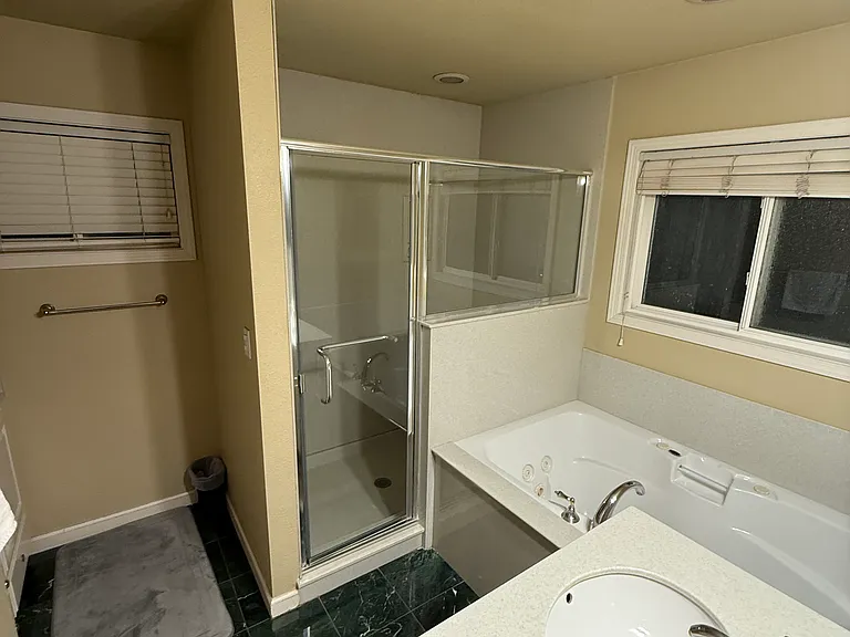 Master Bathroom with Jacuzzi tub, standing shower and 2 sink vanity.