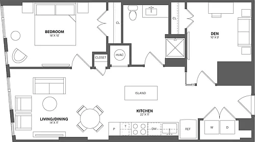 Floor plan 1 Bed/1 Bath Den-AD9