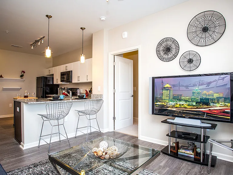 Modern open-concept living space with sleek finishes and natural light.