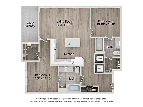 Floor plan 2 Bed/2 Bath-B2D