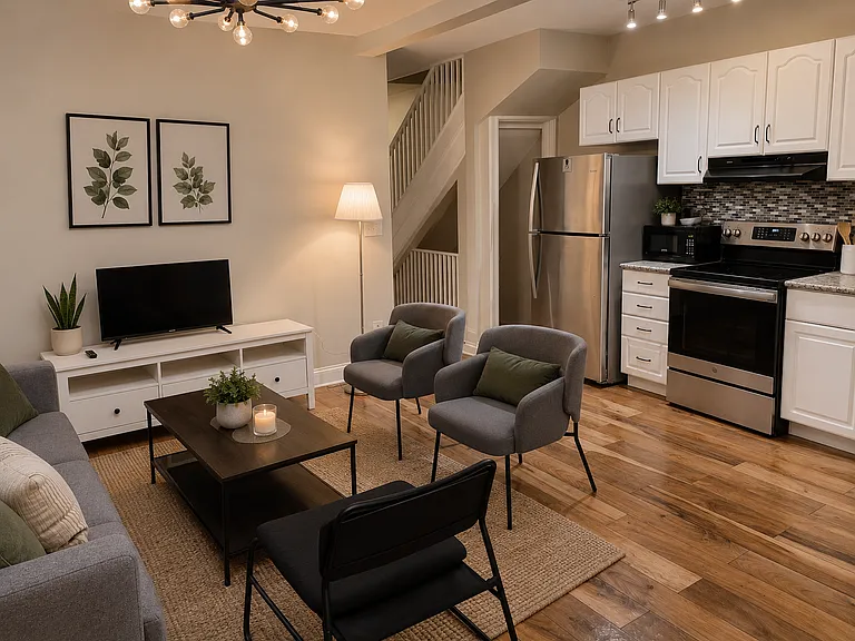Main floor kitchen and living area. Picture furnishings (sofa, table, chairs, and credenza) are available with rental at no extra cost.