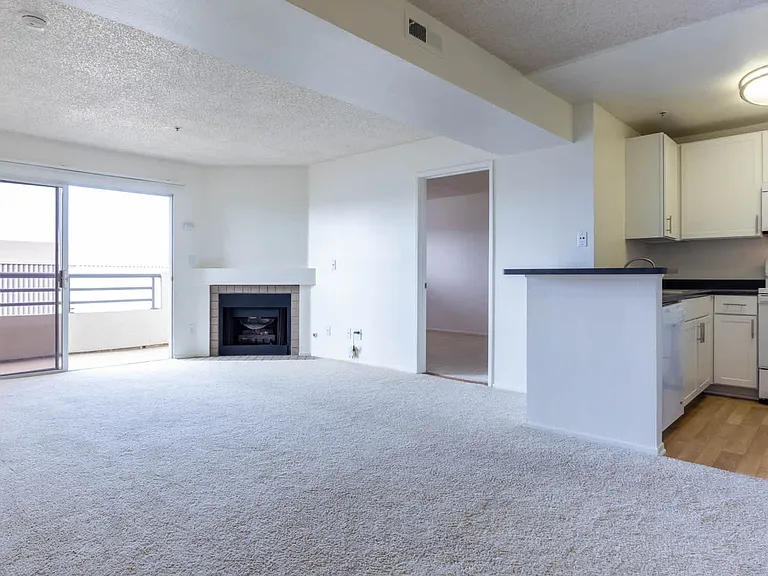 Carpeted Living Room with Fireplace and Balcony