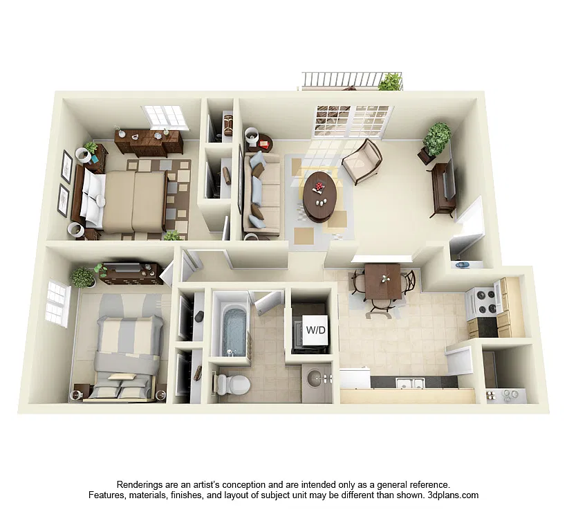 Floor plan Two Bedroom One Bathroom with Patio