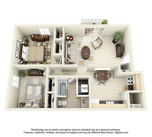 Floor plan Two Bedroom One Bathroom with Patio