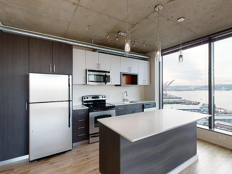 Apartment kitchen with stainless steel appliances, quartz countertops and wood-style flooring.