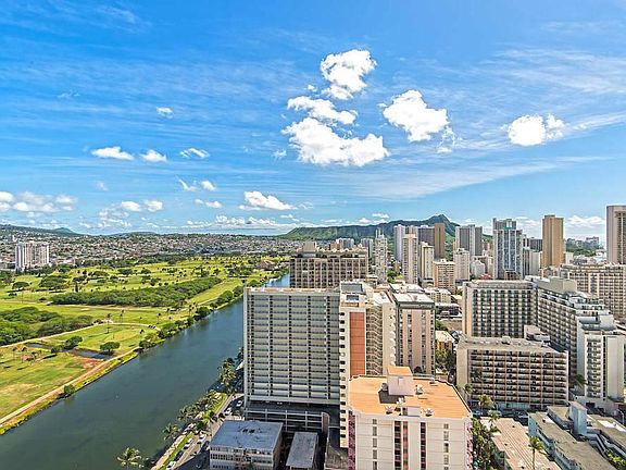 View of downtown Waikiki buildings and Ala Wai Canal