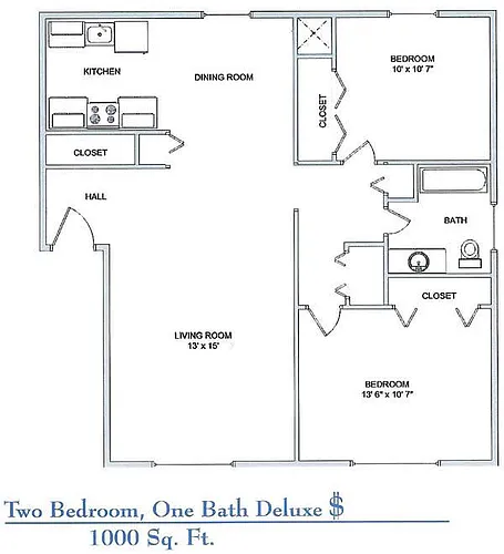Floor plan 2Bed 1Bath Deluxe