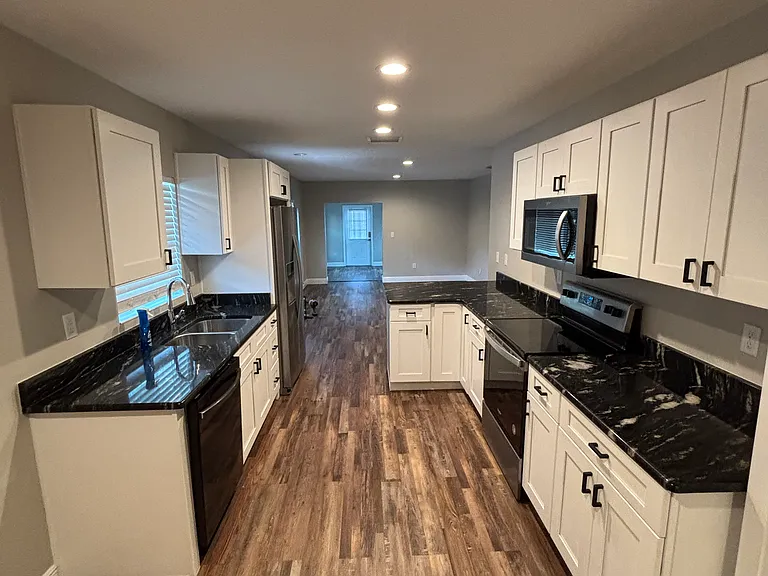 Galley Kitchen into Living Room and Den
