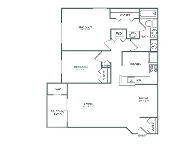 Floor plan Two Bedroom One Bath (876 SF)