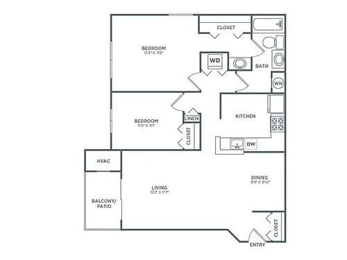 Floor plan Two Bedroom One Bath (876 SF)