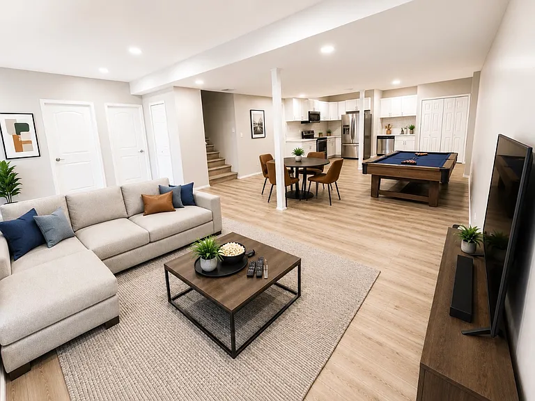 Fully finished spacious basement with microwave, dish washer, Refrigerator, laundry (washer/dryer) and oven.