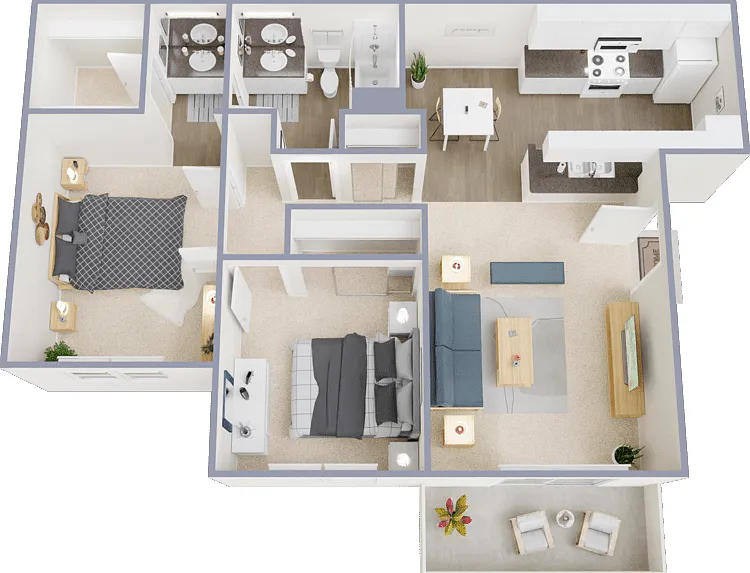 2 Bed 1 Bath Floorplan Diagram