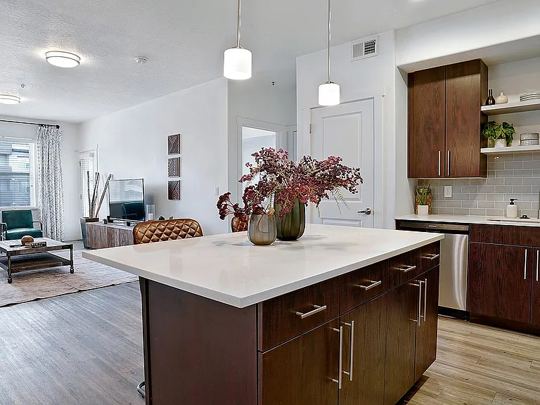 Central kitchen island with modern design and seating space.