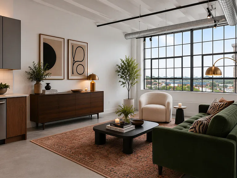 Industrial Loft Living Room at Cole Motor Apartments in Indianapolis