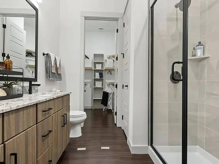 En-Suite Bathroom Featuring Storage Cabinets and Walk-In Closet Access