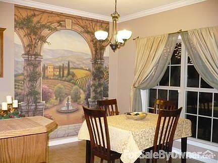 Dining room : Tuscan wall mural adds color, but is easily removable. Perfect sunset view