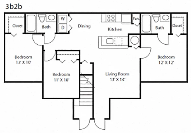 Floor plan Three Bedroom Two Bathroom 60%