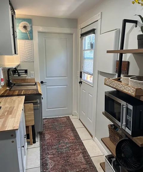 View from living area to kitchen.