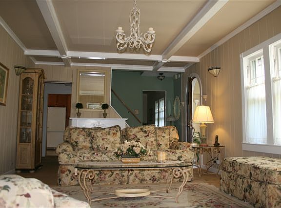 LIVING ROOM, BEAM CEILING, FRENCH DOOR TO PORCH