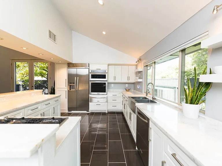 kitchen and bar, wak out to deck