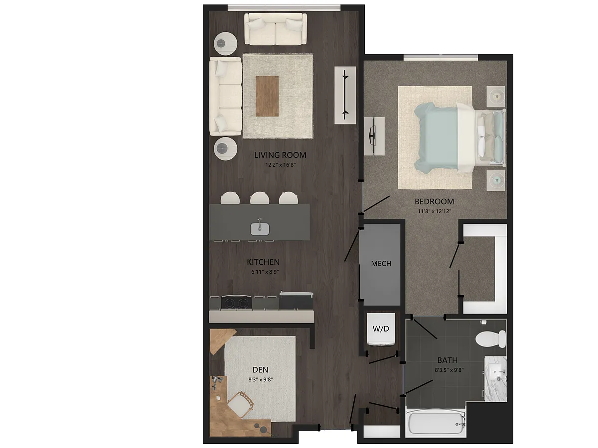 Floor plan 1 Bed/1 Bath Den-A1D