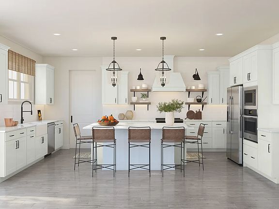 Kitchen with pendant lights matte black hardware