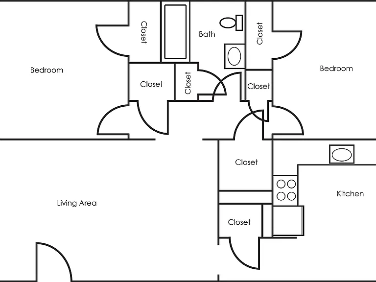 Two bedroom, one bath floor plan with ample closet space. Two bedroom, one bath floor plan with ample closet space.