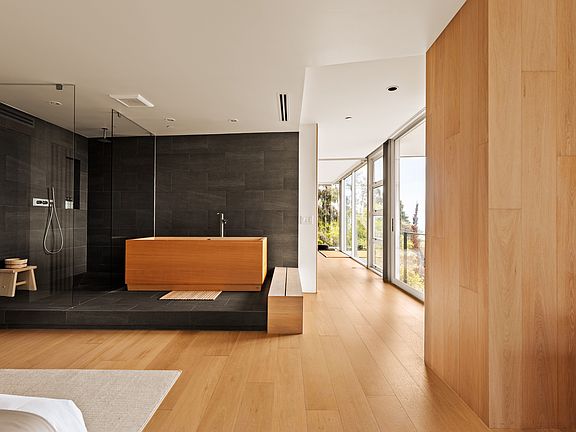 Merkaba Home offers spacious Los Angeles bedrooms with Zen-inspired interiors, natural light, and breathtaking views of the Hollywood Hills skyline.