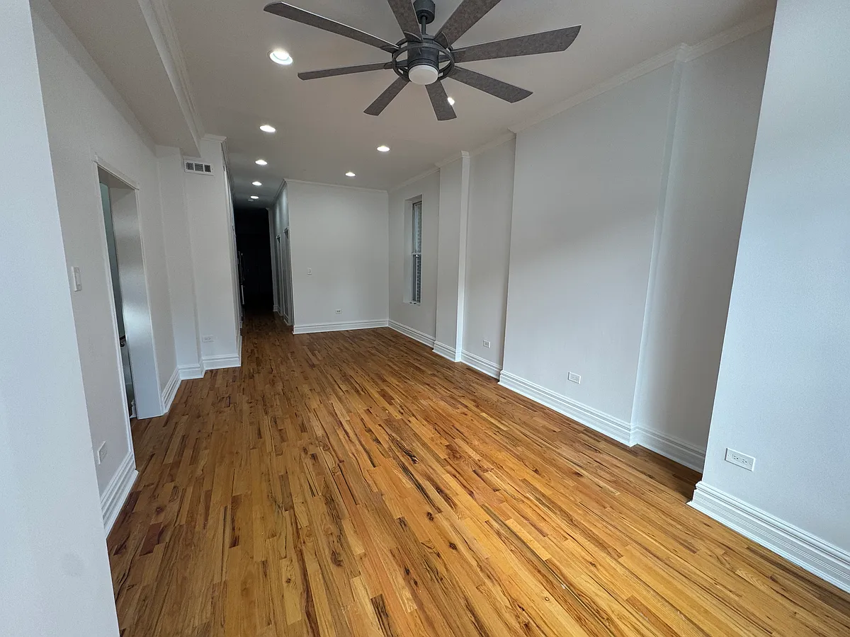 Large ceiling fan and ample natural light in the main common area - 1706 W Huron St #1F