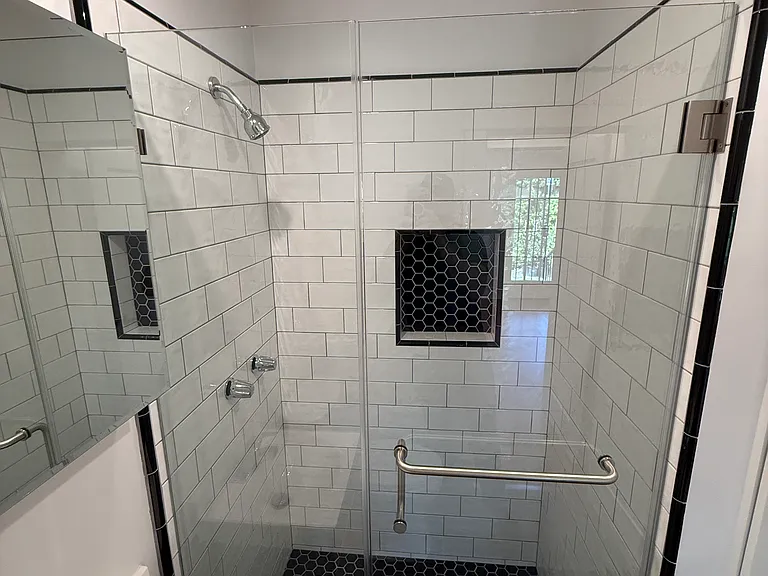 Extra Large Vintage Style Subway tile shower and Shampoo Niche with Frameless Shower door