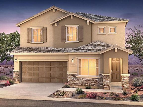 Exterior view of the Park Place, a two story home with a 2-car garage and beautiful stone.