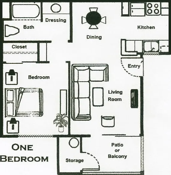 Floor plan 1 Bedroom, 1 Bath - Upstairs (Balcony)