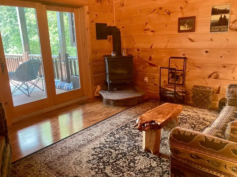 Den with pullout sofa and wood burning stove.