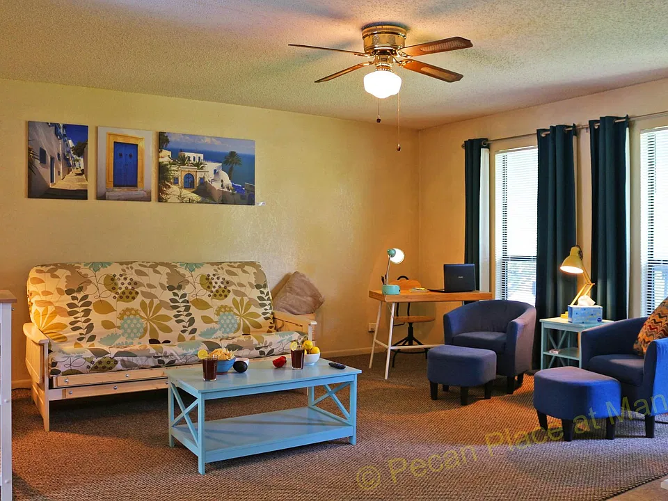 Large living room with futon, barrel chairs, desk and chair.