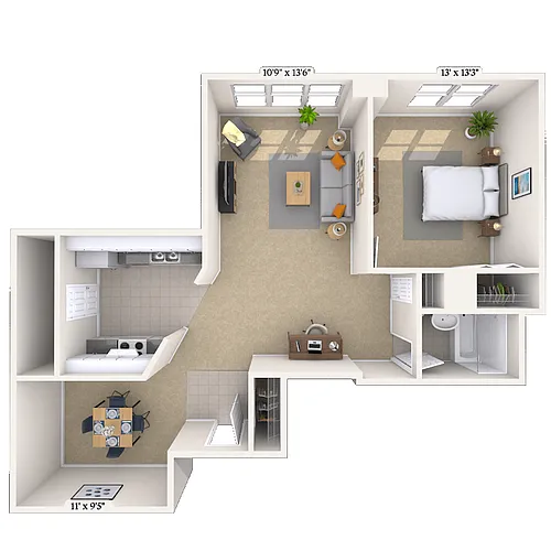 Floor plan Traditional 1x1 845 SF