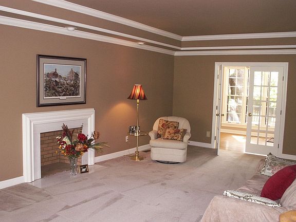 Living room features crown molding, fresh paint, trey ceilings, and woodfirepl
