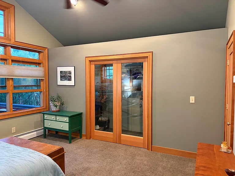 Walk-in closet with glass doors in primary bedroom.