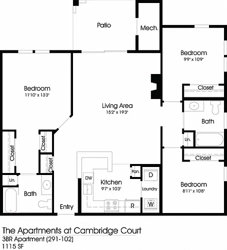 Floor plan 3BR 2BA (1115sf)