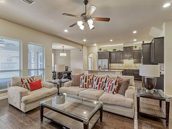 The living area is open to the kitchen and breakfast room with views of the back yard.