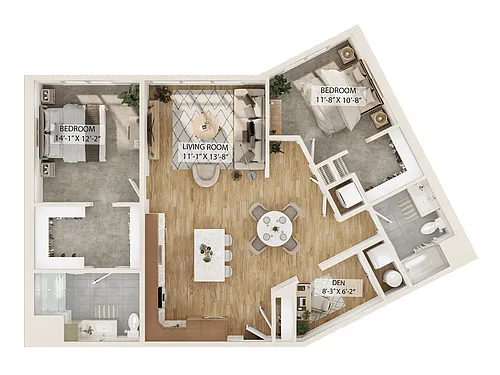 Floor plan 2 Bed/2 Bath Den-B2D